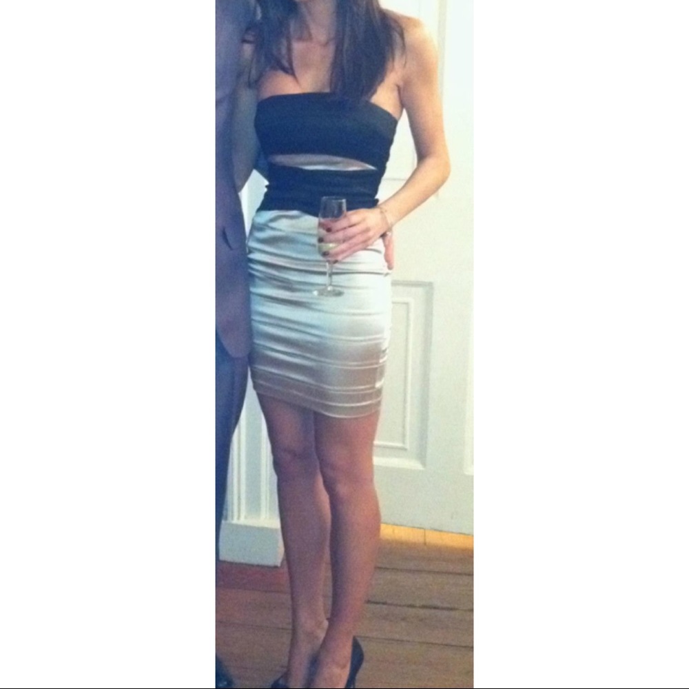 Bebe Strapless Satin Black & Champagne Bandage Dress - Picture 2 of 12